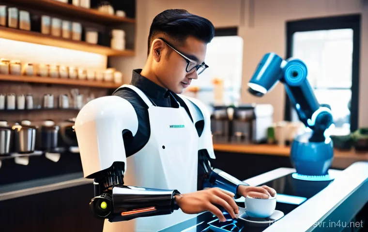 Node js 서버와 Python 서버 비교 - **Prompt:** A futuristic, ultra-efficient barista, a sleek humanoid robot, with multiple glowing arm...