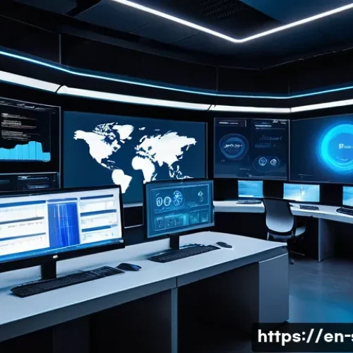 Home 11 클라우드 기반 서버 확장 전략 - A futuristic data center control room with multiple large digital screens displaying real-time cloud...