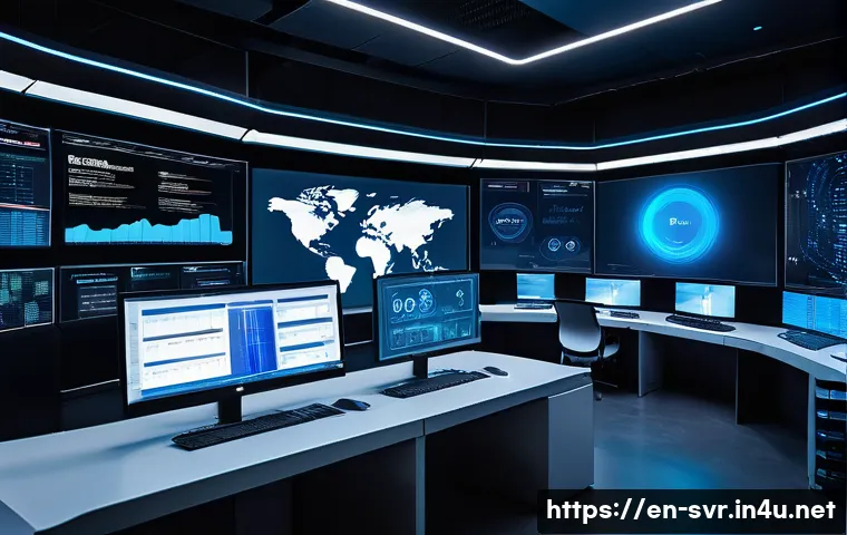 클라우드 기반 서버 확장 전략 - A futuristic data center control room with multiple large digital screens displaying real-time cloud...