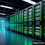 웹 서버와 애플리케이션 서버의 차이 - A detailed digital illustration of a modern web server room featuring racks of servers with blinking...