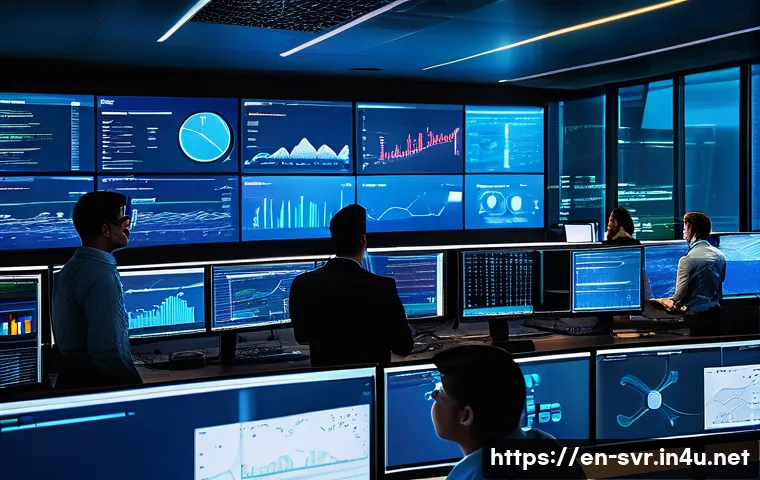 서버 로그 분석 도구 추천 - A modern IT operations center with diverse professionals analyzing large interactive dashboards disp...