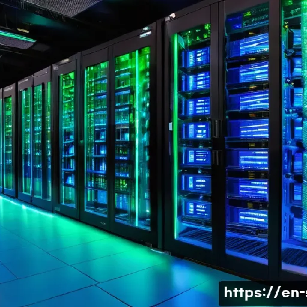AWS EC2와 GCP Compute Engine 비교 - A modern, high-tech data center interior with racks of servers glowing softly in blue and green LED ...