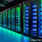 Home 21 AWS EC2와 GCP Compute Engine 비교 - A modern, high-tech data center interior with racks of servers glowing softly in blue and green LED ...