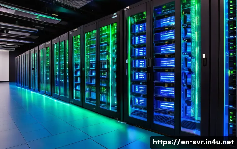 AWS EC2와 GCP Compute Engine 비교 - A modern, high-tech data center interior with racks of servers glowing softly in blue and green LED ...