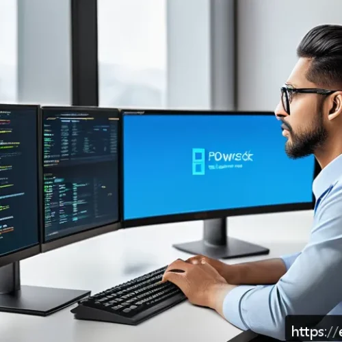 Home 31 서버 스크립팅 언어 비교 Bash PowerShell - A detailed, modern office workspace scene showing a diverse IT professional sitting at a sleek desk ...