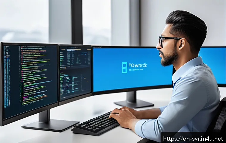 서버 스크립팅 언어 비교 Bash PowerShell - A detailed, modern office workspace scene showing a diverse IT professional sitting at a sleek desk ...