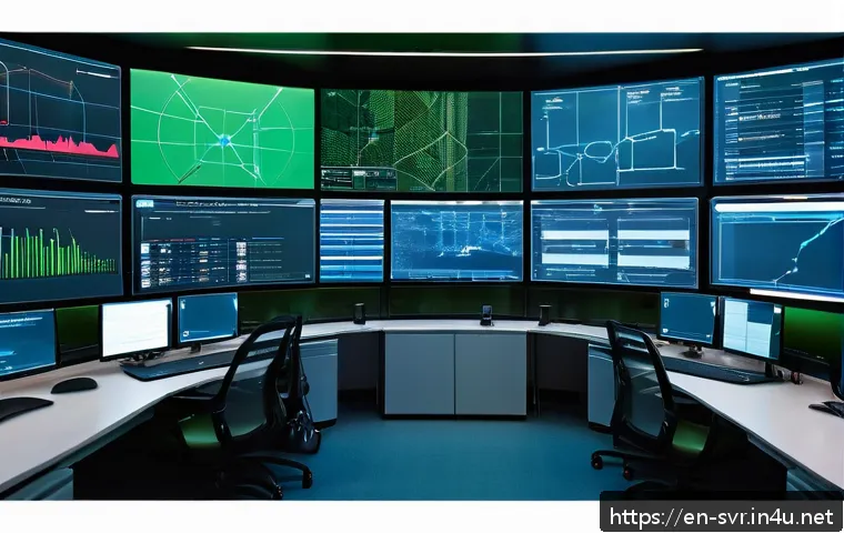 Nginx 서버와 HAProxy 성능 비교 - A detailed, high-tech data center control room with multiple large monitors displaying network traff...