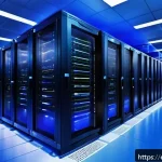 Home 23 MySQL 서버 최적화 팁 - A detailed, modern data center server room with racks of high-performance servers running MySQL data...