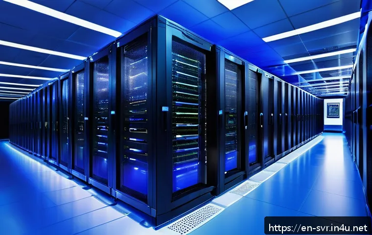 MySQL 서버 최적화 팁 - A detailed, modern data center server room with racks of high-performance servers running MySQL data...